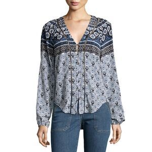 Veronica Beard Silk Printed V-Neck Button Front Blouse in French Blue Size 2